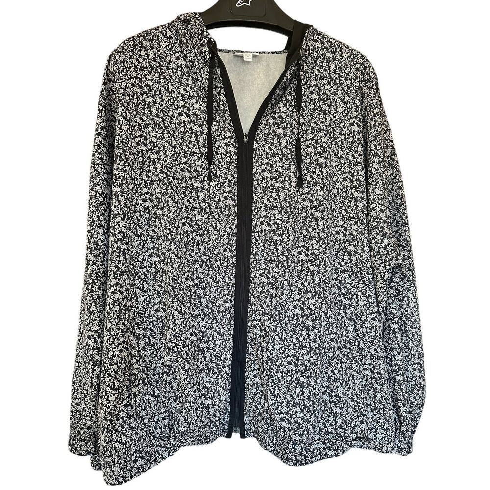 J. Jill Fit 4X Sporty Floral Zip Jacket Black White Hooded Lightweight
